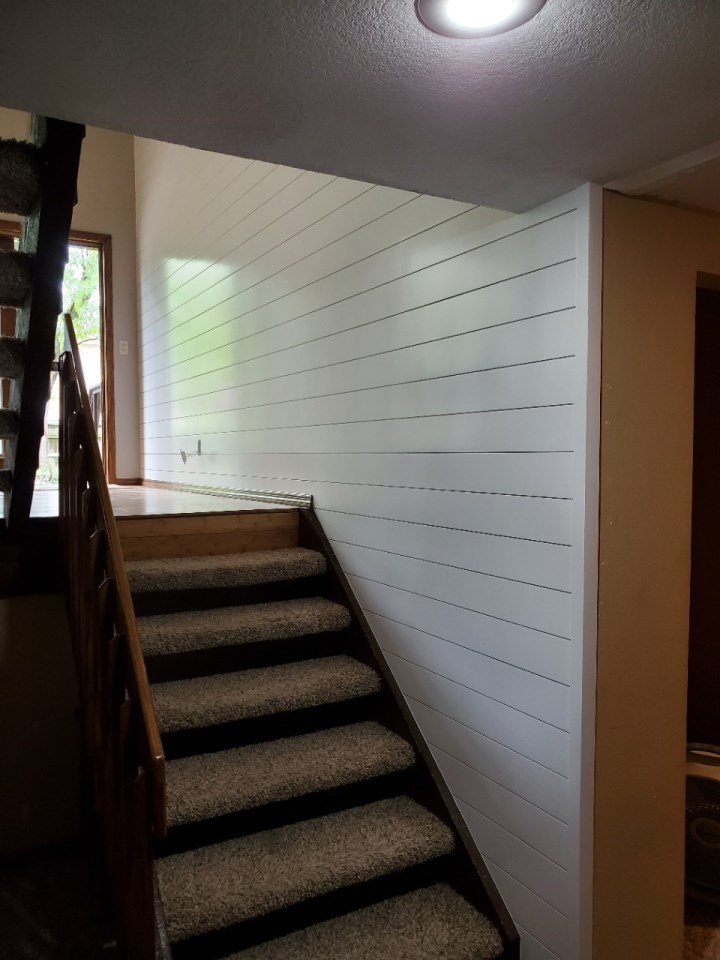 carpeted basement stairs with white panel wall