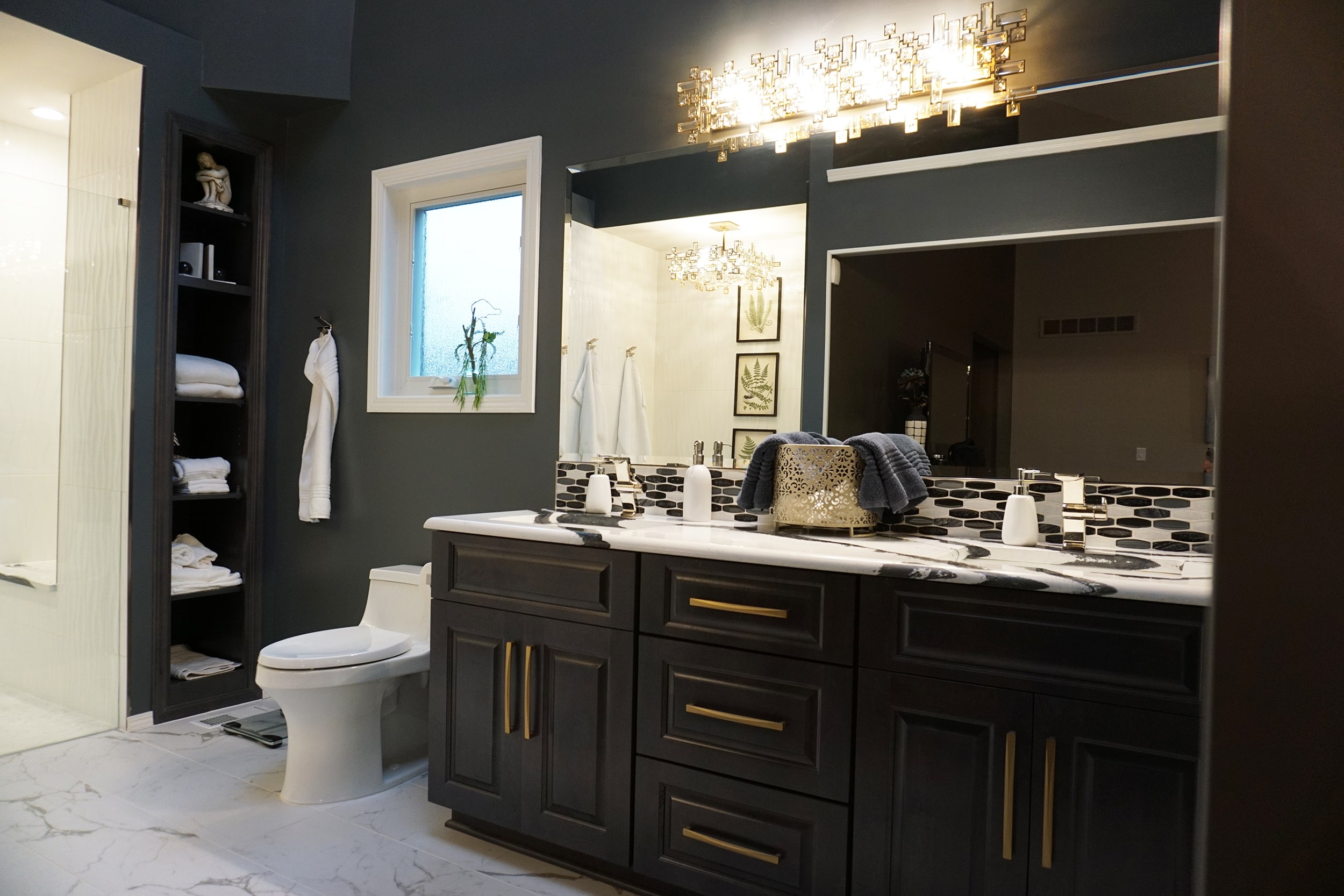 black bathroom with white accents