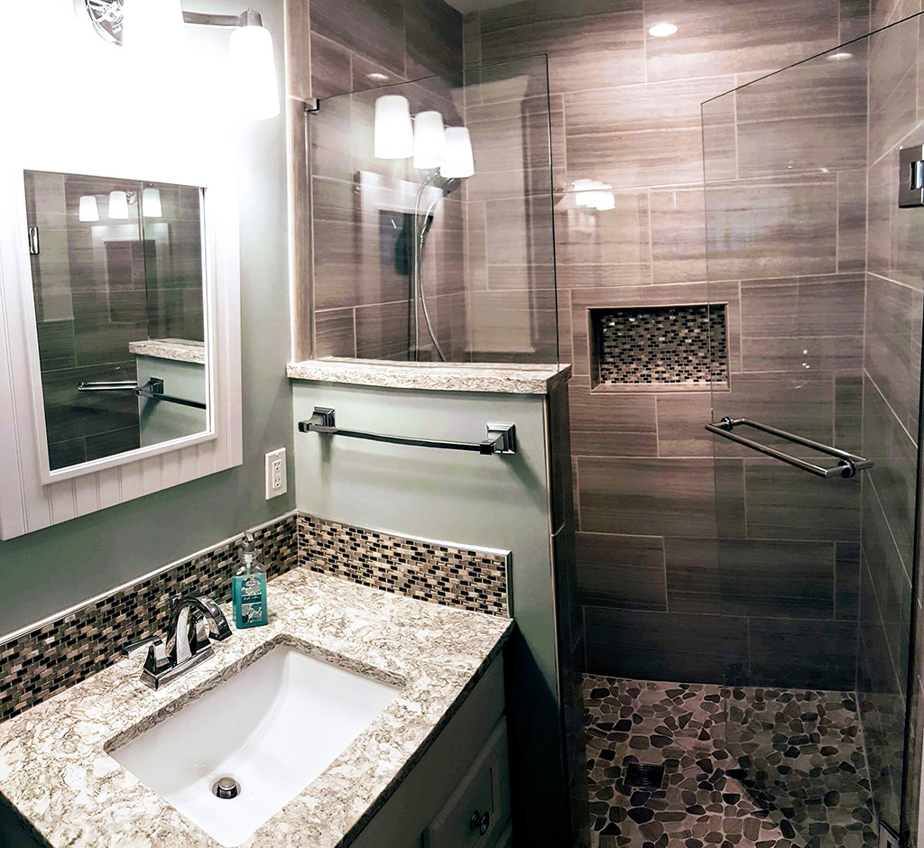 grey bathroom with standing paneled shower